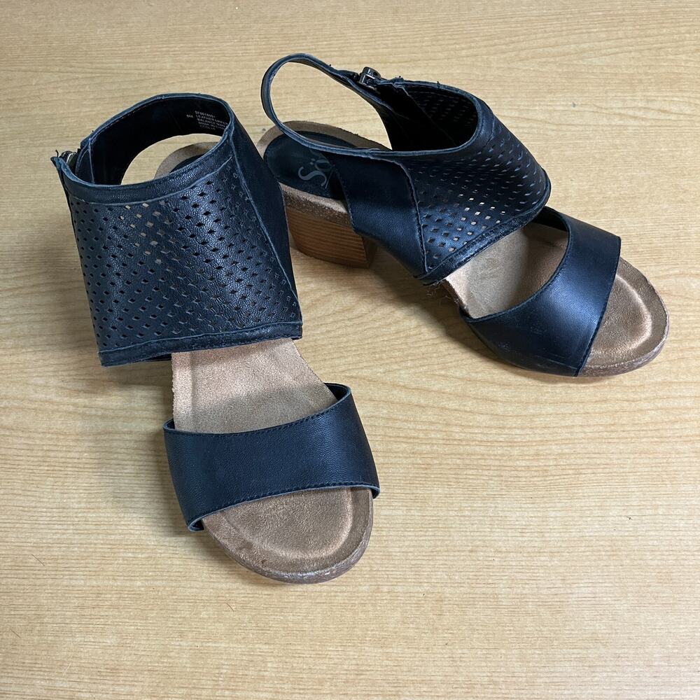 Sofft Sandals Women’s Milan Ankle Strap Black Leather Block Heels Open Toe SZ 8M